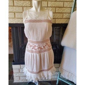 Adelyn Rae Boho Ivory/Nude Pleated Chiffon Dress Crochet/Lace & Ruffle Detail XS